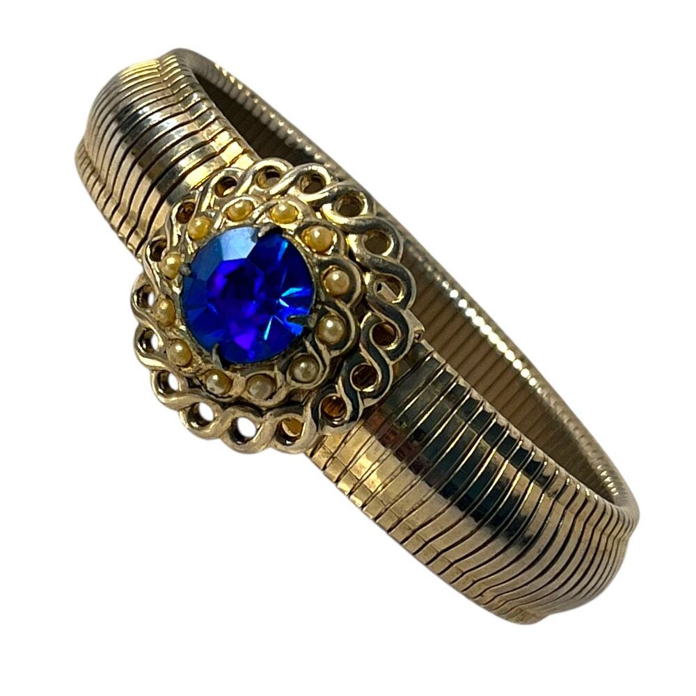 Vintage 1940s-50s Womens Bracelet Gold Tone Blue Jewel Pearls